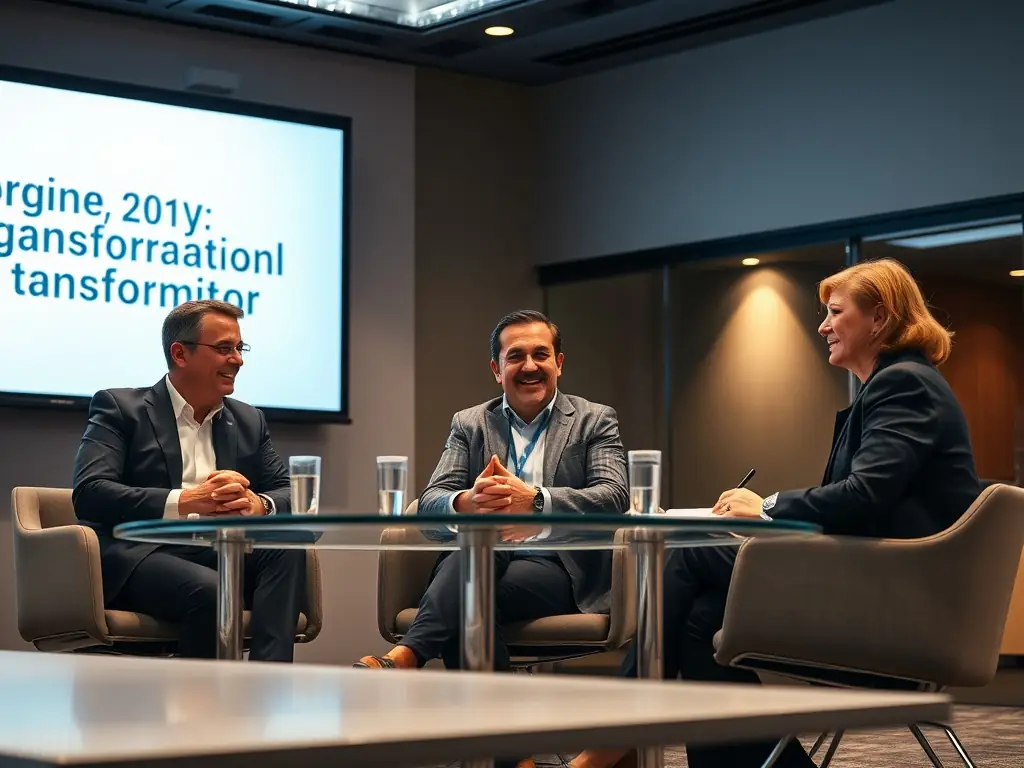 A photograph of a panel discussion at an InnovateNow conference, featuring diverse speakers discussing digital transformation strategies.