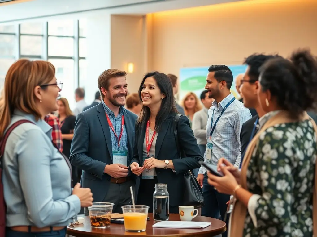 A photograph of attendees networking during a coffee break at a past InnovateNow conference, with the Toronto skyline in the background.