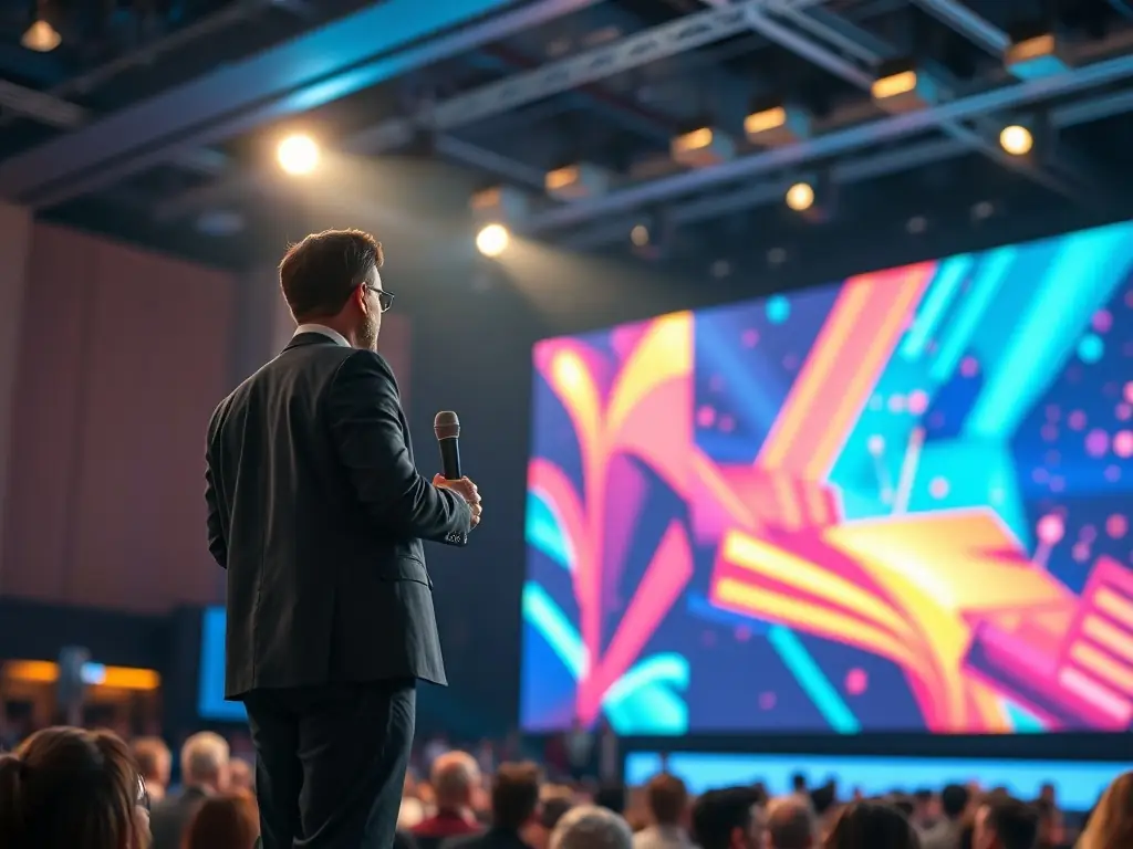 A photograph of a conference event, showcasing a keynote speaker on stage with a large screen displaying the InnovateNow logo and the conference theme.